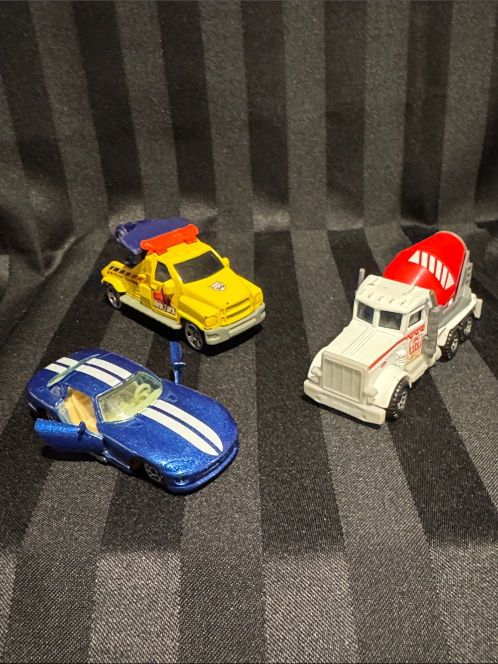 Kids Toy Vehicle Set - Blue Race Car, Yellow Tow Truck, White Cement Mixer